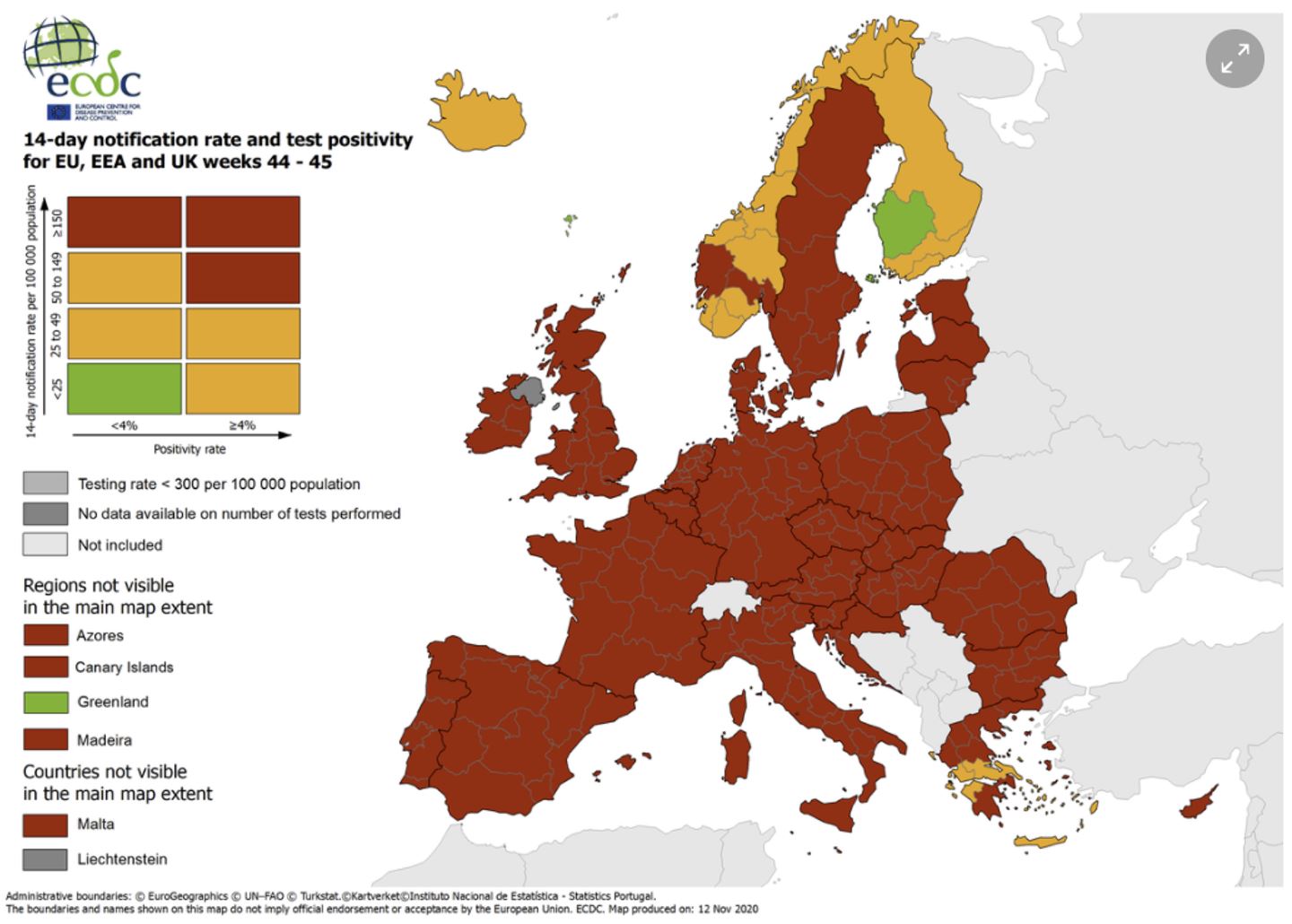 14 day notification rate and test positivity for EU, EEA and UK